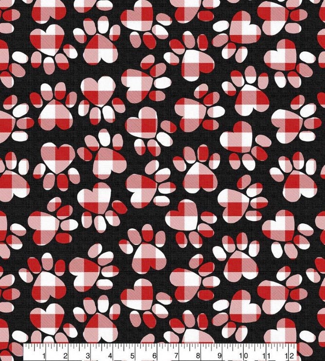 End of Bolt - Plaid Paw Print Holiday Fabric - 100% Cotton - Fabric- Buffalo check