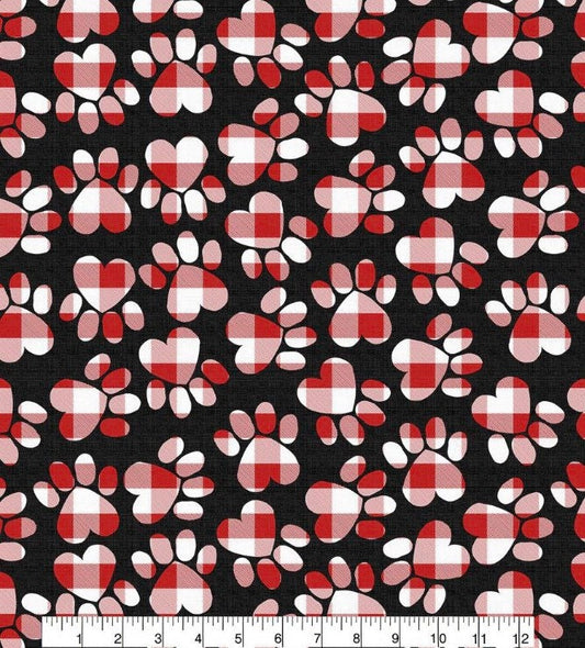 End of Bolt - Plaid Paw Print Holiday Fabric - 100% Cotton - Fabric- Buffalo check