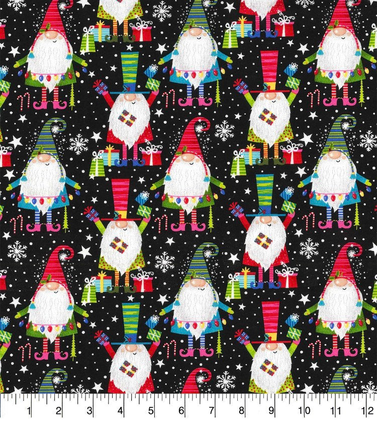 End of Bolt - Christmas Gnomes with Glitter Accent- Multi100% Cotton - Fabric Gnome