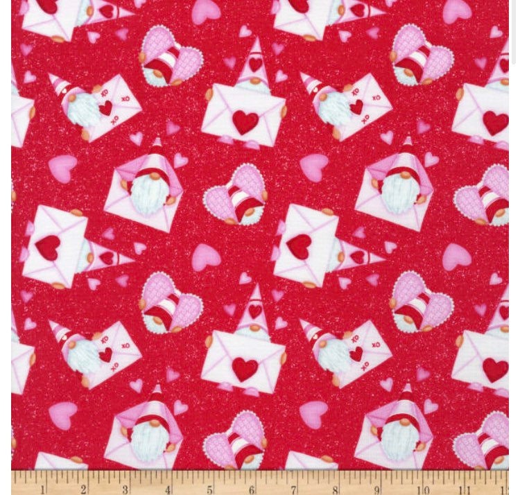 Henry Glass Gnomie Love Valentine Gnomes and envelopes cotton Fabric- 100% Cotton - Continuous Cuts