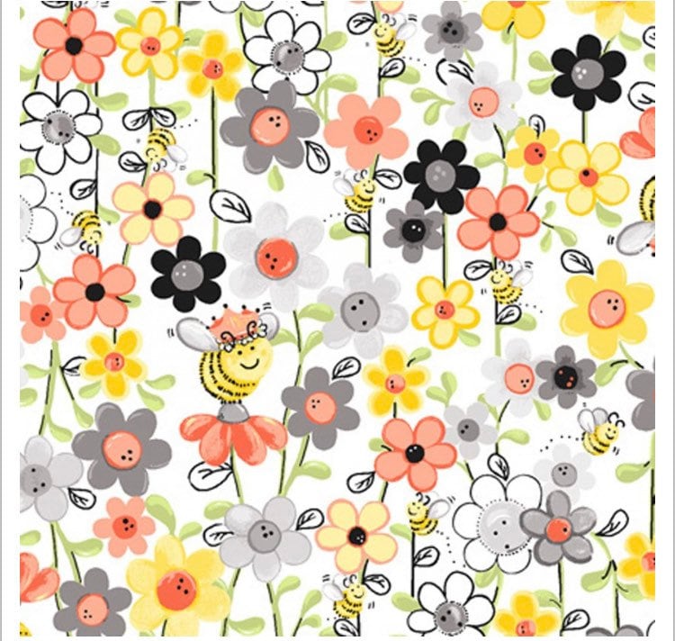 SusyBee Sweet Bees cotton fabric- continuous cuts- 100% Cotton