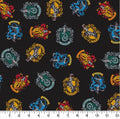 Harry Potter crests on black cotton fabric- 100% Cotton- Licensed Fabric