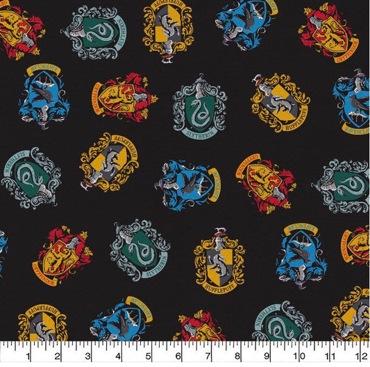 Harry Potter crests on black cotton fabric- 100% Cotton- Licensed Fabric