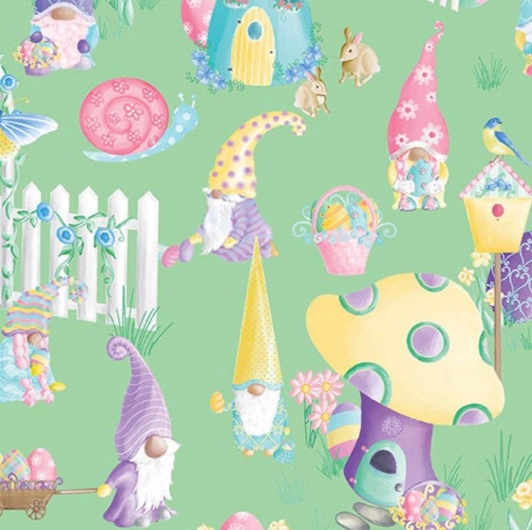 Spring Garden Gnomes Easter cotton fabric- 100% Cotton Continuous Cuts Spring Garden Party Green