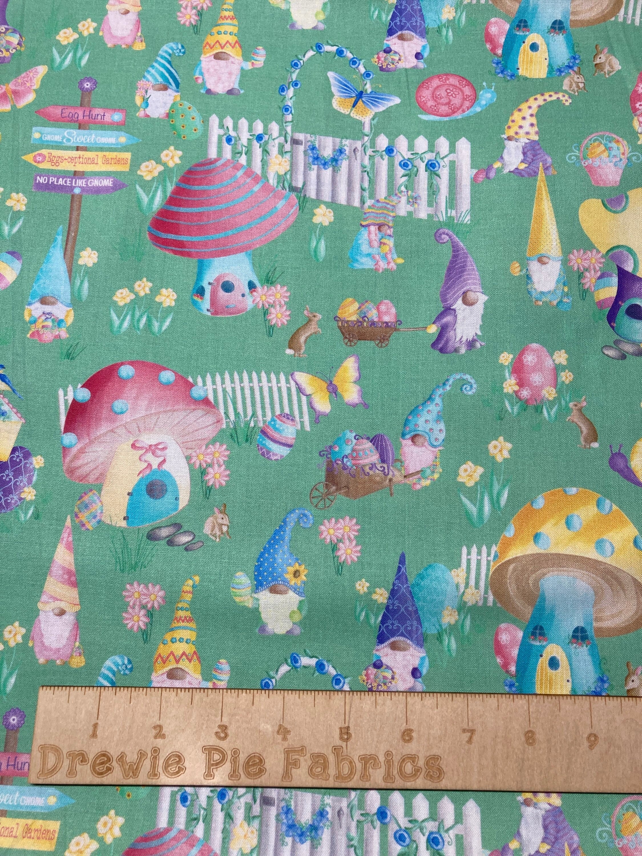 Spring Garden Gnomes Easter cotton fabric- 100% Cotton Continuous Cuts Spring Garden Party Green