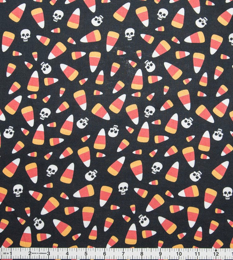 Skeletons and candy corn Halloween Cotton Fabric- continuous cuts.