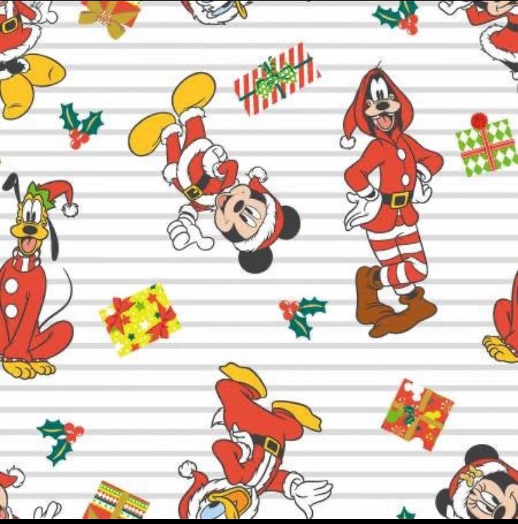 Mickey and Friends Christmas Stripes cotton fabric 100% Cotton - continuous cuts Licensed fabric