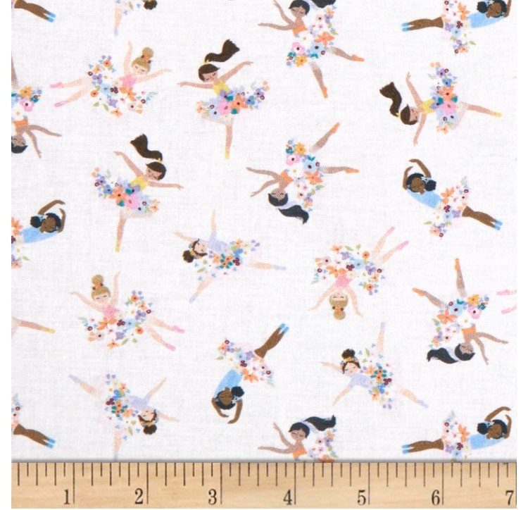 Mini Ballerinas on white Cotton Fabric - Dear Stella - by the 1/2 yard, remnants - fat quarters