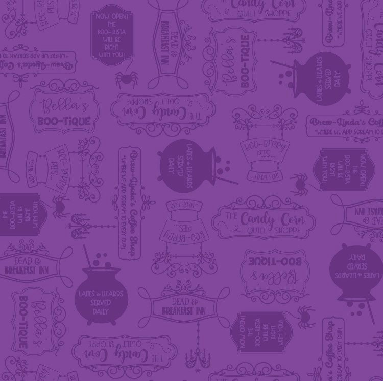 Halloween Shop Signs on Purple - Kimberbell - Maywood Studios - Cotton Halloween Fabric MAS9924-V-CT1132192