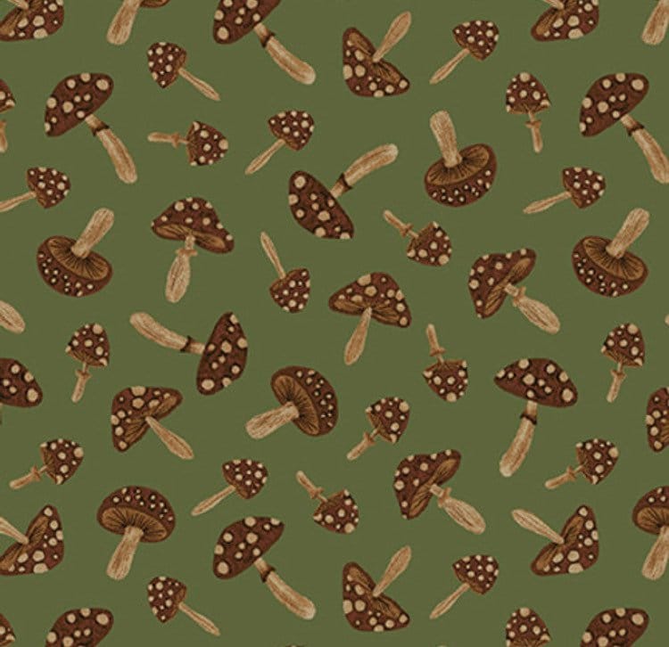 Mushrooms on green cotton fabric 100% Cotton - Fabric - cut to size