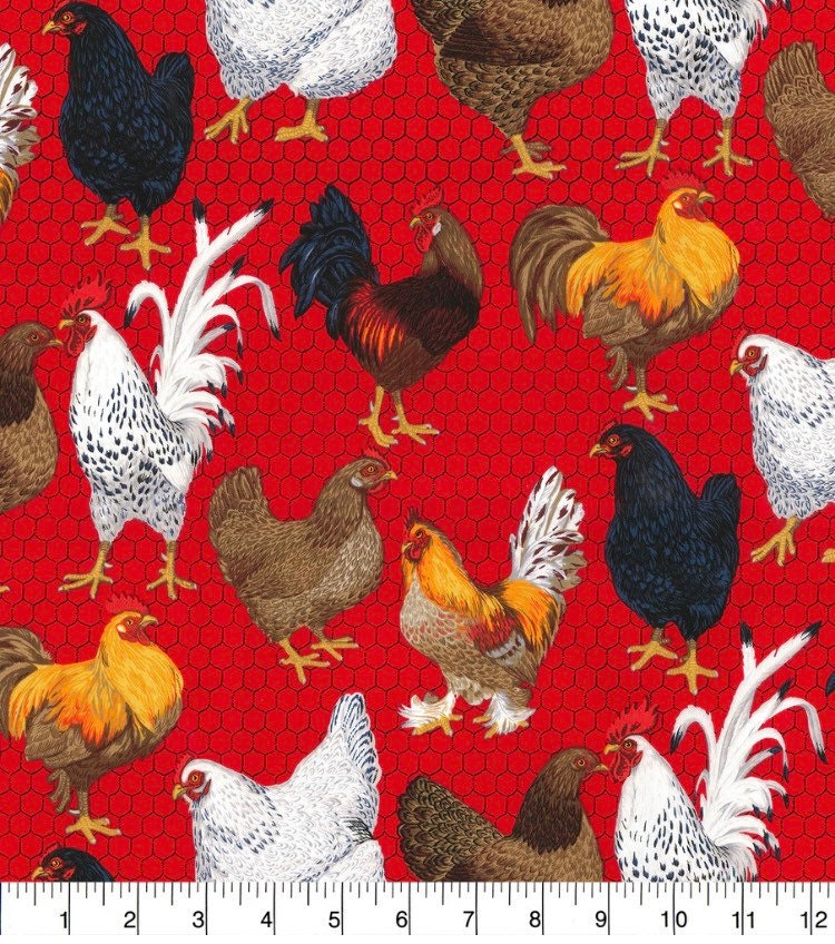 Black and white rooster cotton Fabric - 100% Cotton