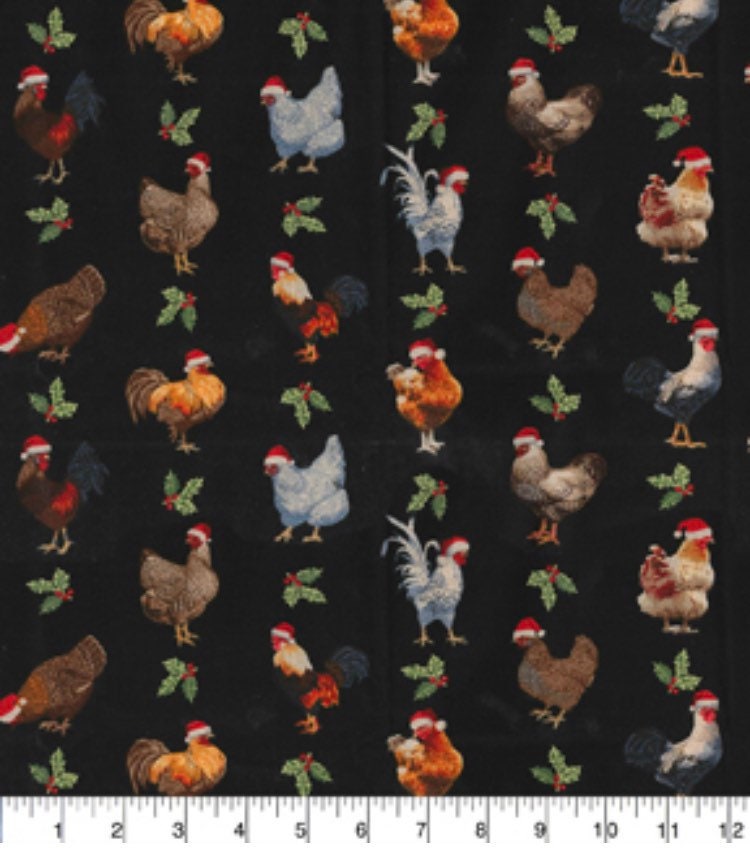 Christmas Roosters on Black Cotton Fabric100% Cotton Fabric Traditions