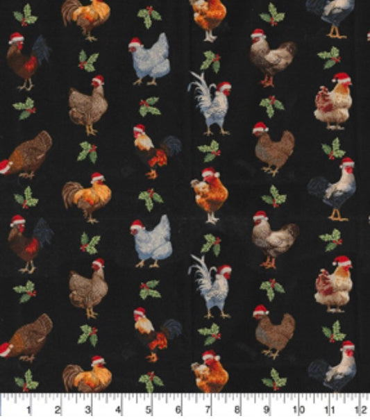 Christmas Roosters on Black Cotton Fabric100% Cotton Fabric Traditions