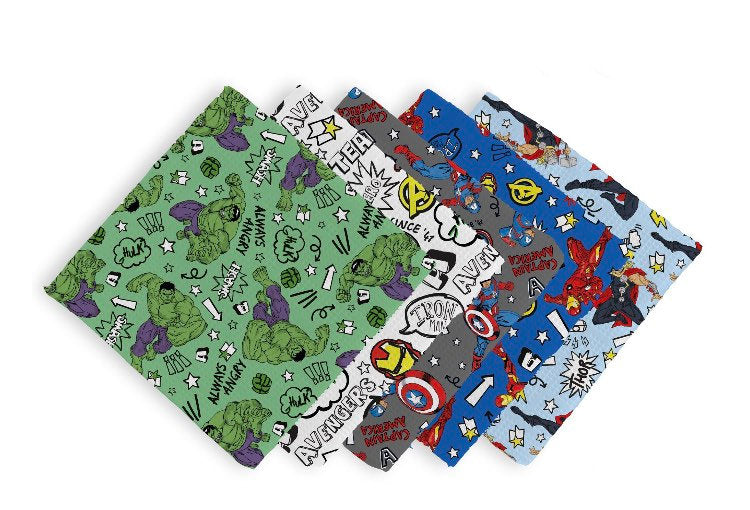 Marvel Fat Quarter Bundle (18”x21”) bundle - x5 prints- Iron Man - Hulk - Captain America - Thor -  Stax  Licensed Fabric