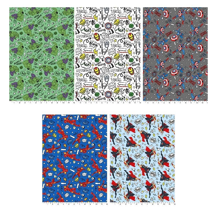 Marvel Fat Quarter Bundle (18”x21”) bundle - x5 prints- Iron Man - Hulk - Captain America - Thor -  Stax  Licensed Fabric