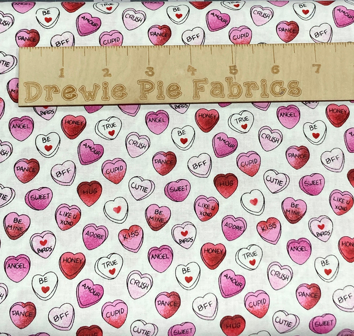 Candy Hearts on White Cotton Fabric  100% Cotton- continuous cuts -Fabric Traditions