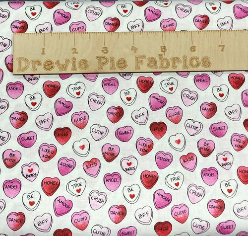 Candy Hearts on White Cotton Fabric 100% Cotton- continuous cuts -Fabric Traditions