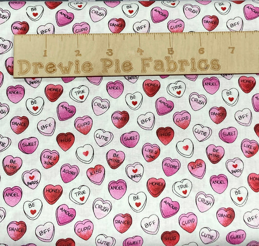 Candy Hearts on White Cotton Fabric  100% Cotton- continuous cuts -Fabric Traditions