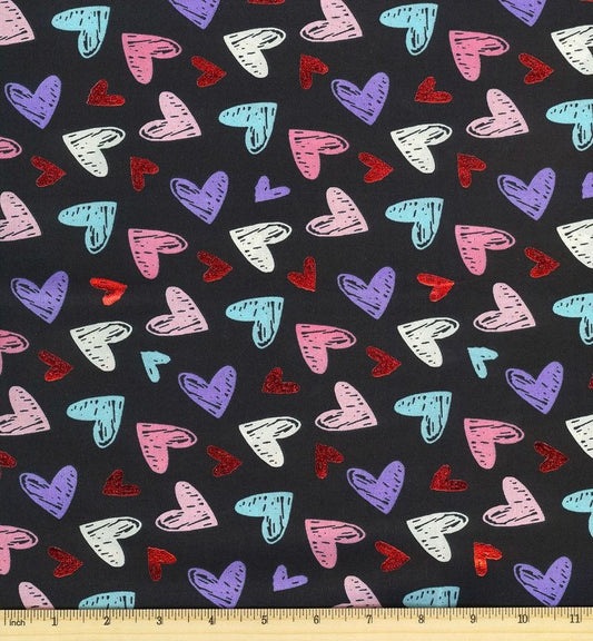 Foil Tossed hearts on black- 100% Cotton- continuous cuts