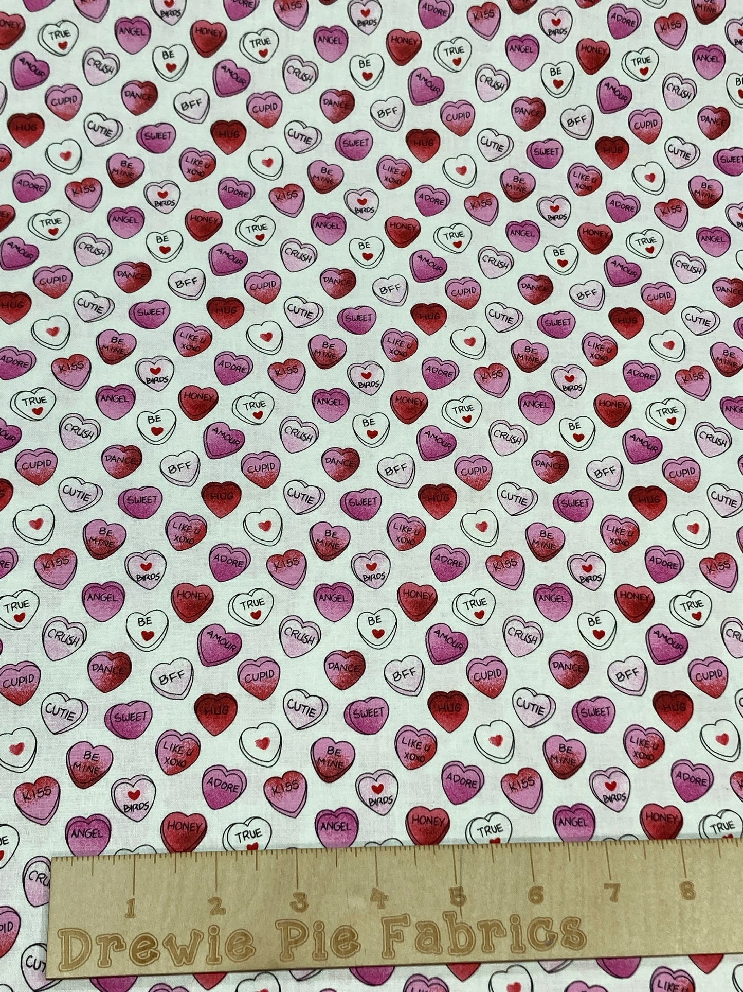 Candy Hearts on White Cotton Fabric  100% Cotton- continuous cuts -Fabric Traditions