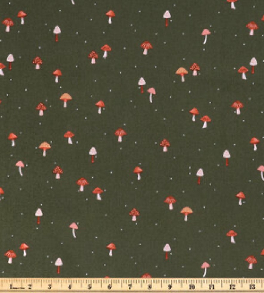 Green Darling Mushrooms cotton fabric- 100% Cotton - Fabric - cut to size