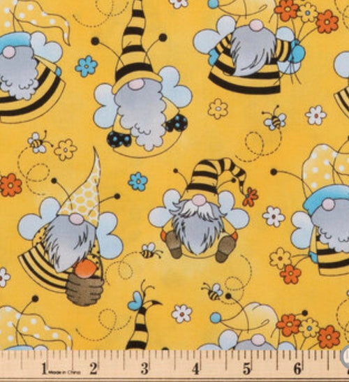 Bee Garden Gnomes calico cotton fabric- 100% Cotton-