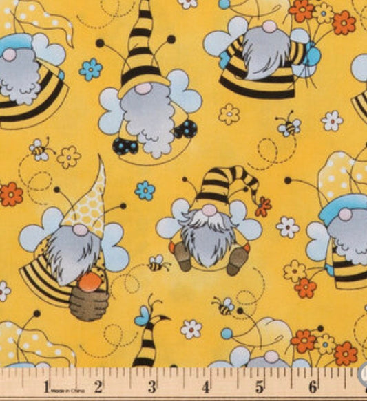 Bee Garden Gnomes calico cotton fabric- 100% Cotton-