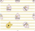 Winnie the Pooh Bear Fabric - 100% Cotton - faces and Honey Pots on stripes