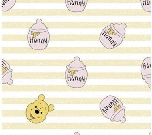 Winnie the Pooh Bear Fabric - 100% Cotton - faces and Honey Pots on stripes