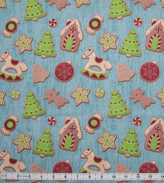 Fun Christmas Cookies on blue cotton fabric 100% Cotton -