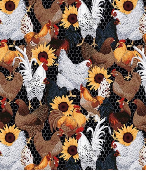 Chicken Sunflower Toss on Black Cotton Fabric - 100% Cotton - By the Yard - Fat Quarters -