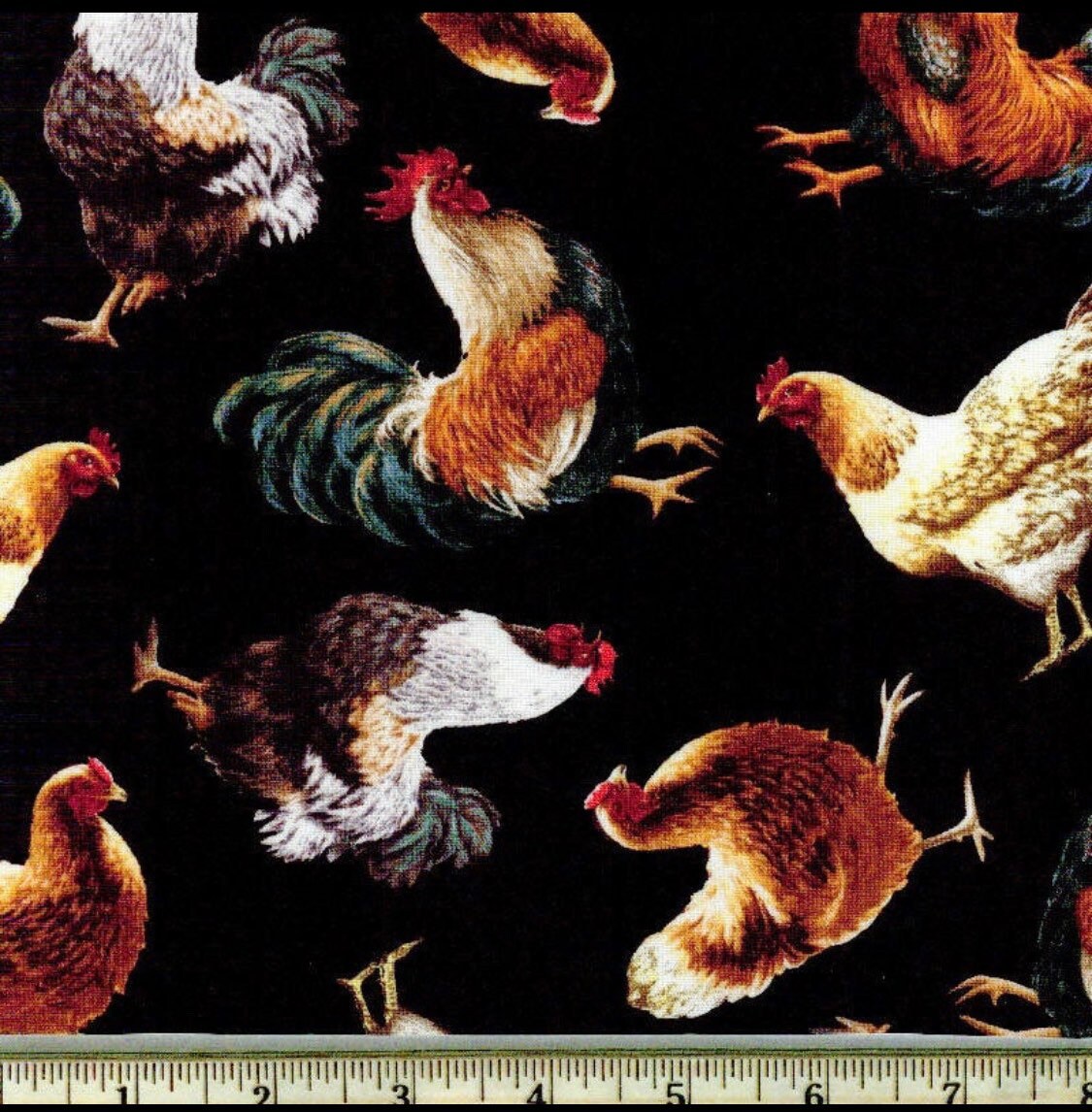 Chickens and Roosters on Black Cotton Fabric -100% Cotton
