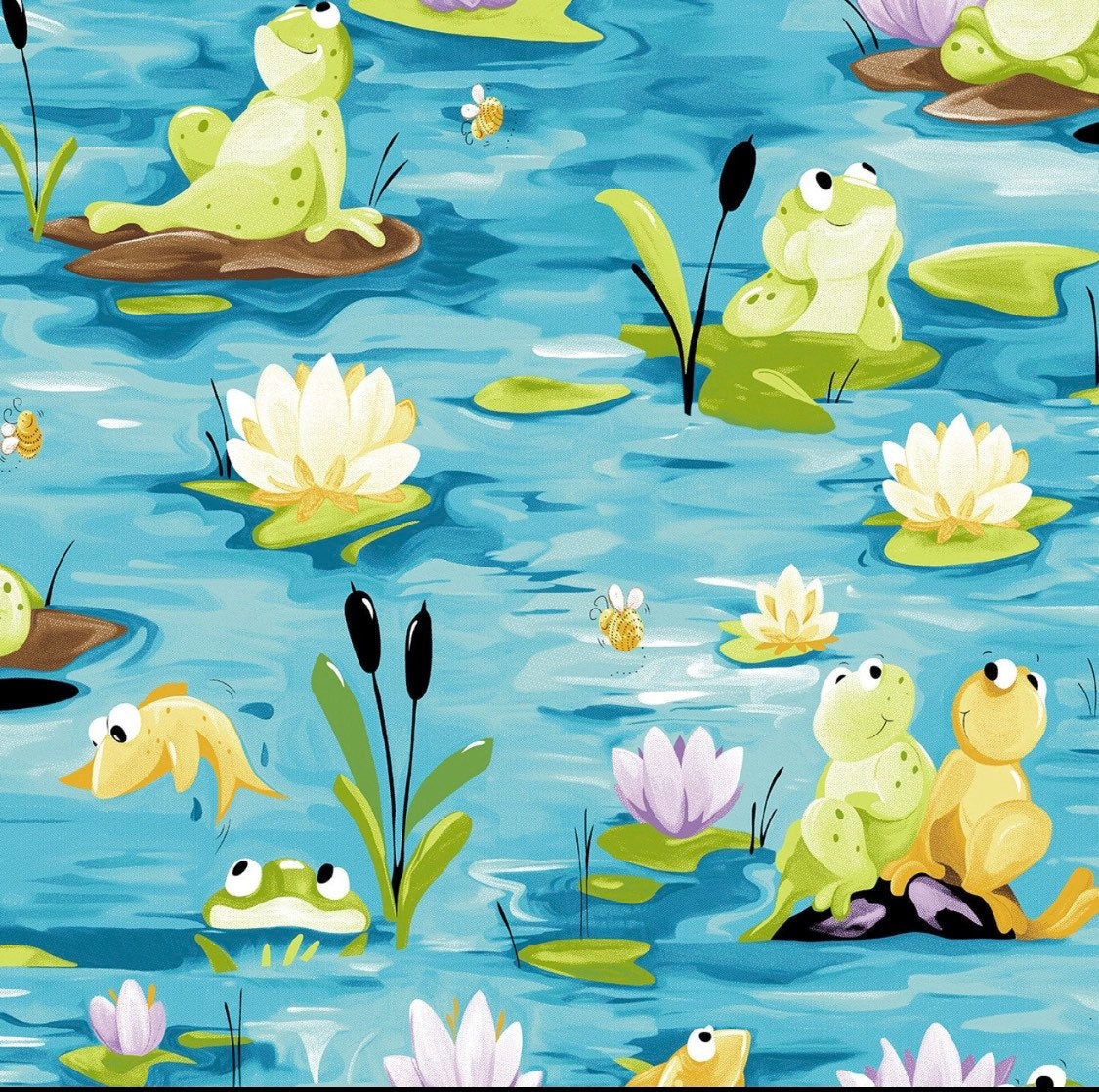 SusyBee Paul’s Pond cotton fabric- continuous cuts- 100% Cotton- frogs - Lily pads