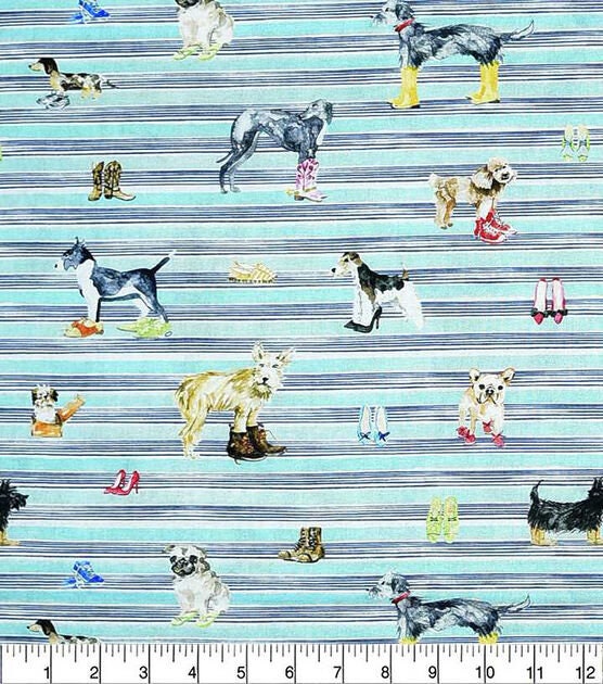 Dogs in Boots on Striped Fabric -continuous cuts- 100% Cotton - Dogs on Stripes Teal Novelty Fabric