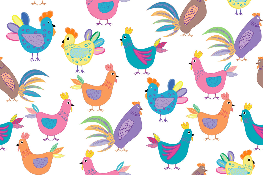 Patterned Chicken Fabric - Hens and Chicks on White- 100% Cotton