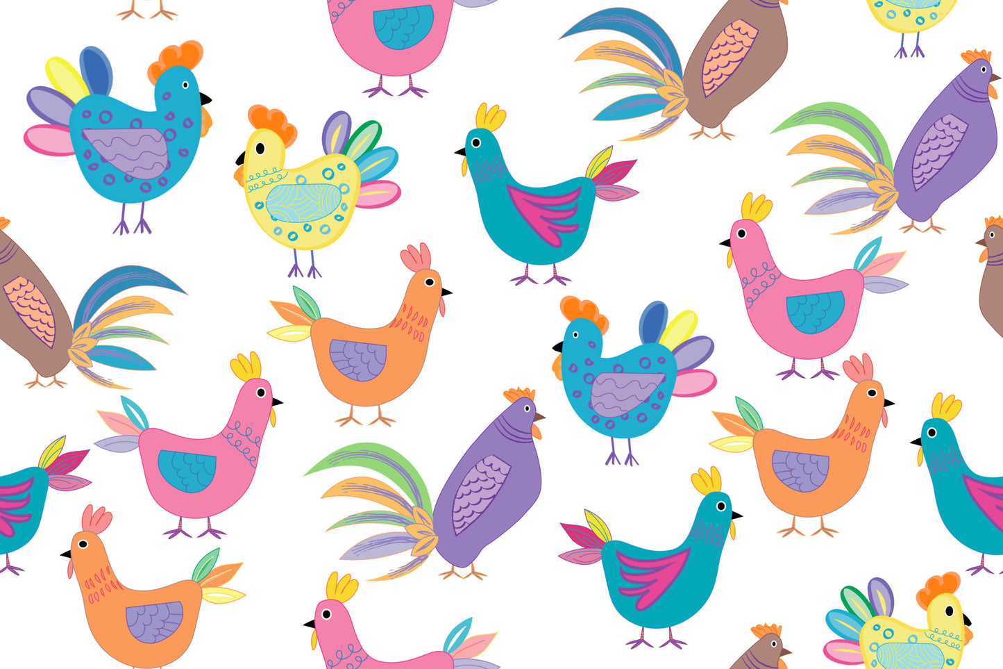 Patterned Chicken Fabric - Hens and Chicks on White- 100% Cotton
