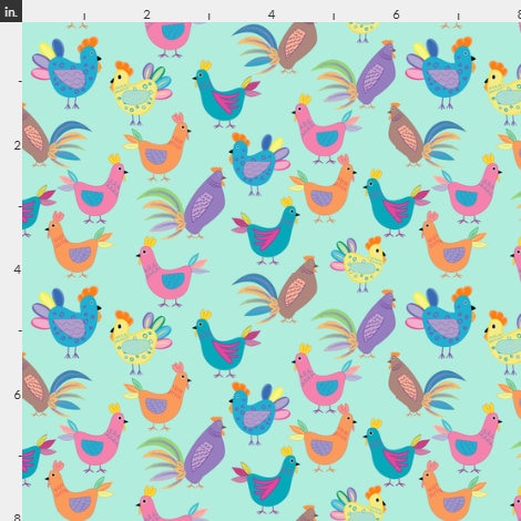 Patterned Chicken Fabric - Hens and Chicks on Aqua- 100% Cotton