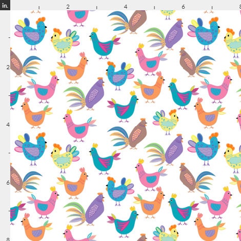 Patterned Chicken Fabric - Hens and Chicks on White- 100% Cotton