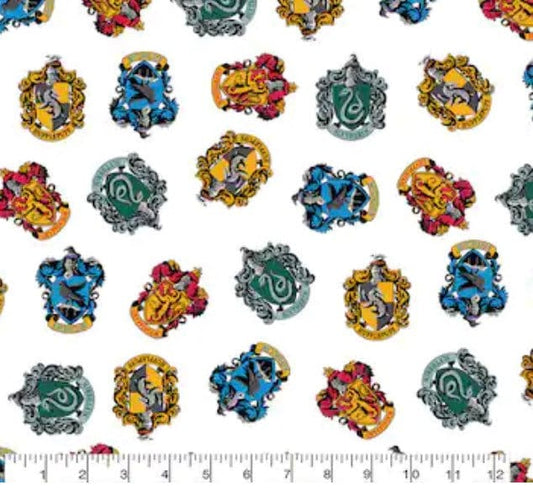 Harry Potter Crests On White cotton fabric - 100% Cotton -Licensed Fabric