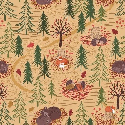 Woodland Winter Nap animals fabric-100% Cotton - Continuous cuts- Racoon - Fox - Bear- Lewis and Irene
