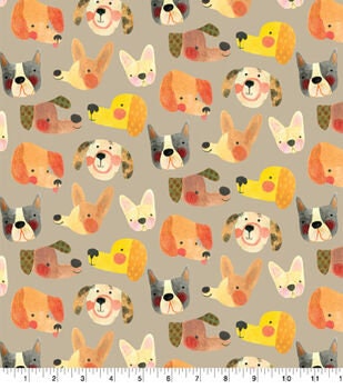 Puppy dog faces on Cream fabric-continuous cuts- 100% Cotton