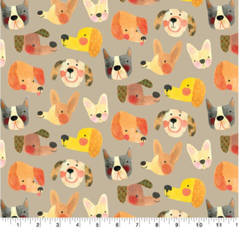 Puppy dog faces on Cream fabric-continuous cuts- 100% Cotton