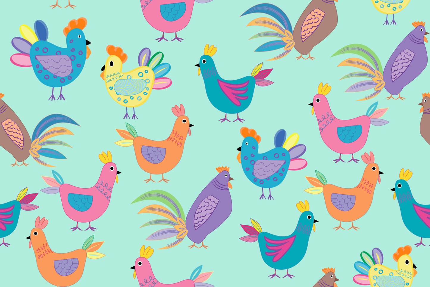 Patterned Chicken Fabric - Hens and Chicks on Aqua- 100% Cotton