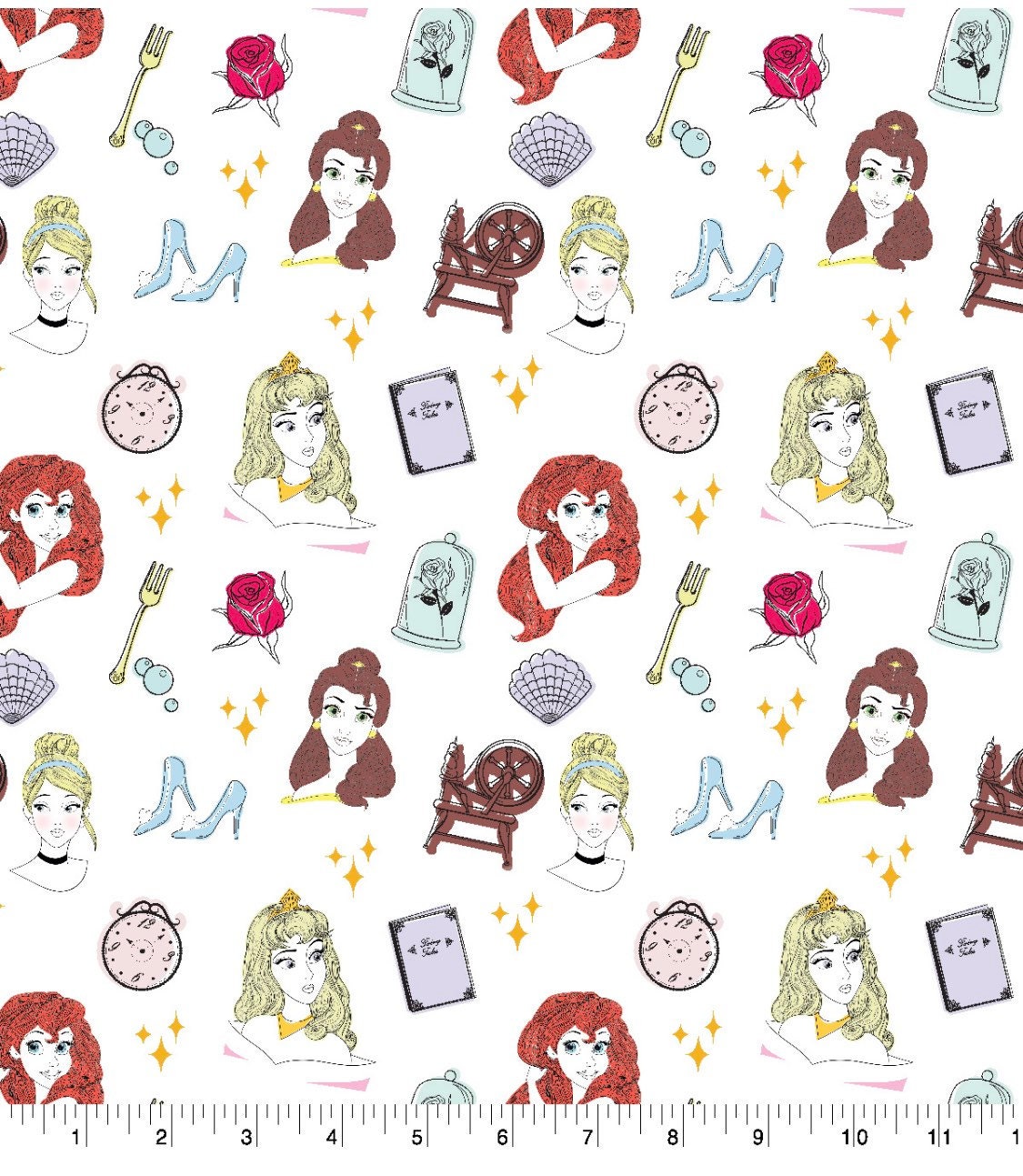 Disney Princess metallic Icon Toss fabric-  100% Cotton Belle, Cinderella, Ariel