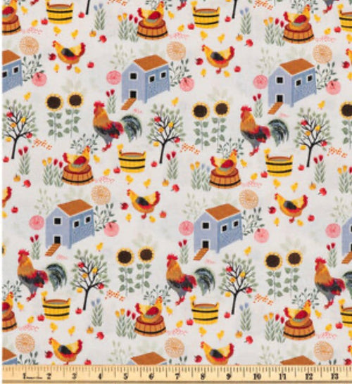 Chicken and Coop cotton Fabric - 100% Cotton