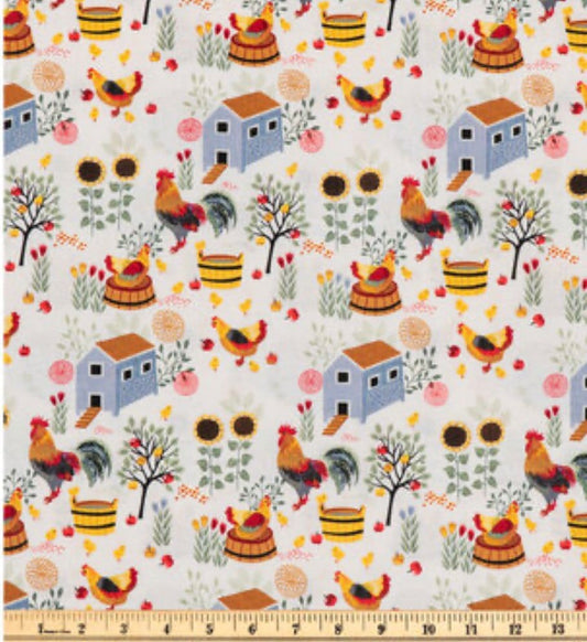 Chicken and Coop cotton Fabric - 100% Cotton