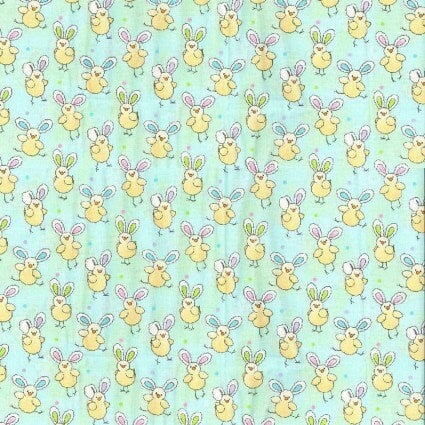 Chicks with Bunny Ears on Green Cotton Fabric - 100% Cotton Continuous Cuts - Easter