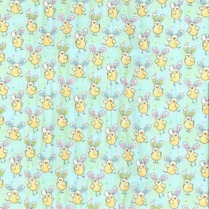 Chicks with Bunny Ears on Green Cotton Fabric - 100% Cotton Continuous Cuts - Easter