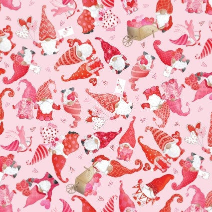 Valentine Gnomes Cotton Fabric- 100% Cotton - Continuous Cuts -Sweet Gnomes Light Pink -  KAS14085-01