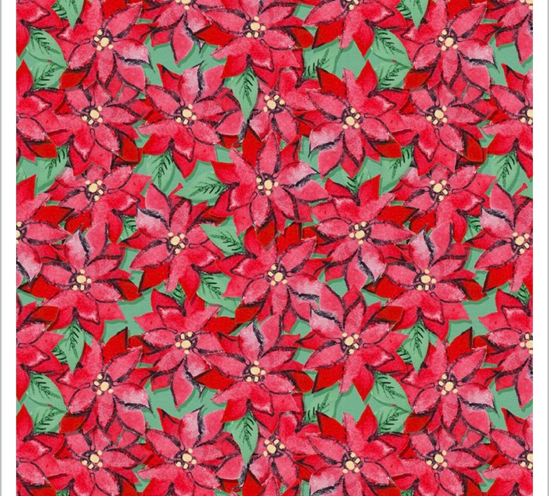 Poinsettia Christmas Fabric - 100% Cotton - Fabric- continuous cuts